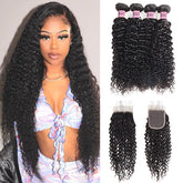 10A Peruvian Curly Virgin Human Hair 4 Bundles With 4*4 Lace Closure
